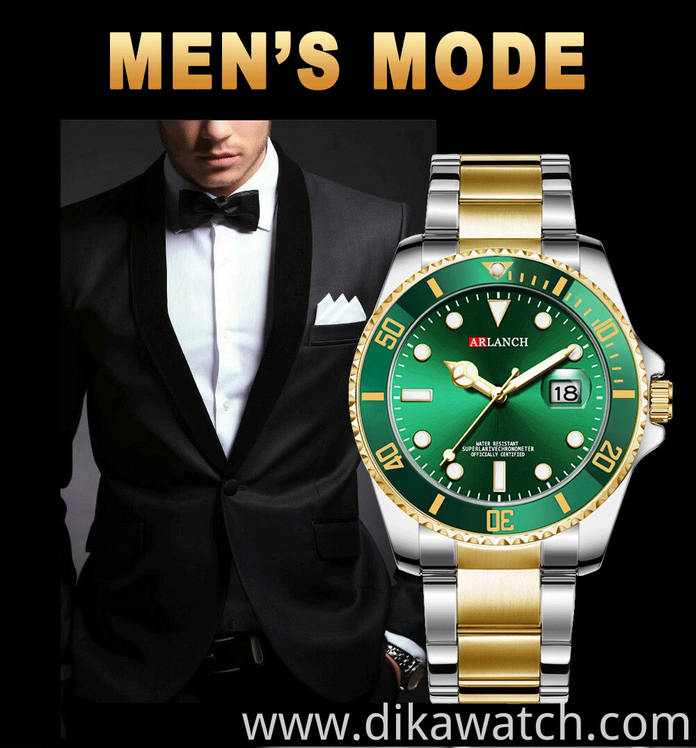 ARLANCH A306 New Water Ghost Series Classic Green Dial Luxury Men Not Automatic Watches Stainless Steel Waterproof Quartz Watch